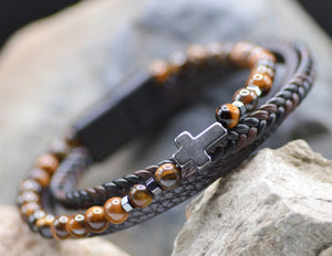 Cross Leather Brown Beaded Bracelet - Eden Merry Bracelet