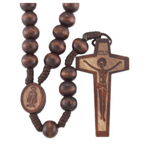 Dark Brown Wood Bead Corded Rosary