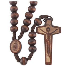 8MM DARK BROWN WOOD BEAD CORDED ROSARY