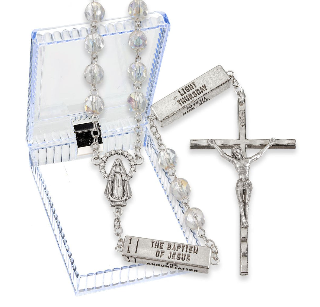 Crystal Aurora Borealis Beads with 20 Mysteries of the Rosary Pater Beads, Boxed