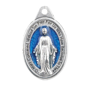 Miraculous Medal in Antiqued Silver Finish with Blue Epoxy