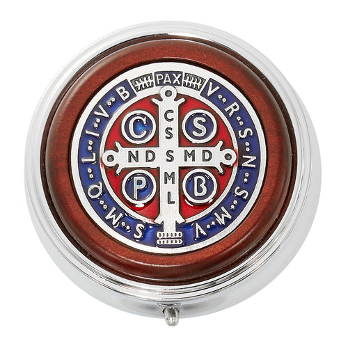 Silver Box with Red & Blue Enameled Benedictine Medal