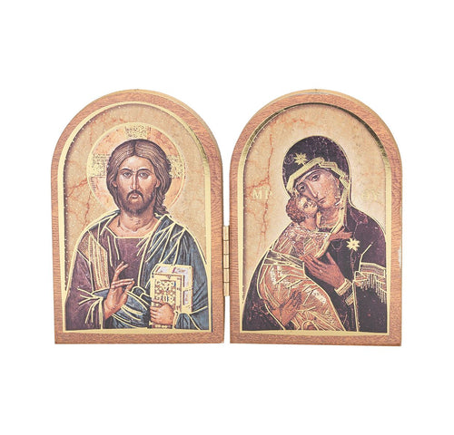 Christ All Knowing Standing and Our Lady of Vladimir Standing Natural Wood Diptych