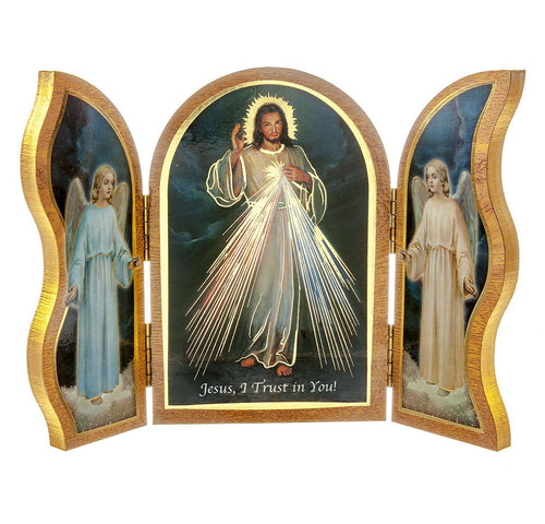 Divine Mercy Standing Natural Wood Triptych