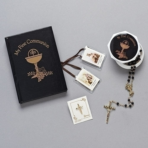 5PC BLACK/GOLD COMMUNION SET ROSARY, BOX, BOOK, PIN, SCAPULAR