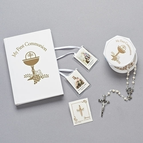 First Communion 5 piece White & Gold Set with Rosary, Box, Book, Pin, Scapular
