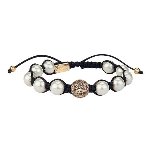 Gold/Pearl St. Benedict Adjustable Bracelet