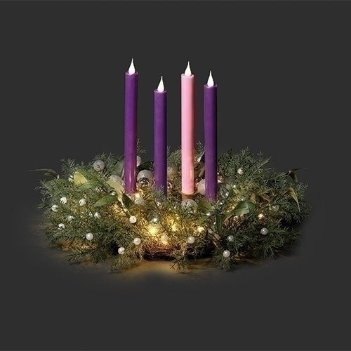 Lighted Advent Wreath with Greenery and Silver Balls