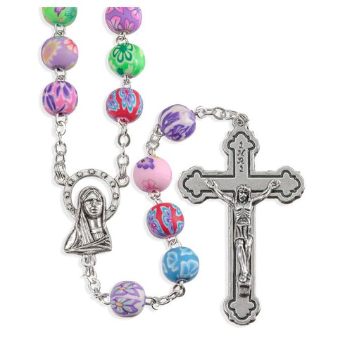 Multi-Colored Round Floral Bead Rosary