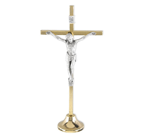 Brass Standing Gold Finished Crucifix with Silver Oxidized Corpus