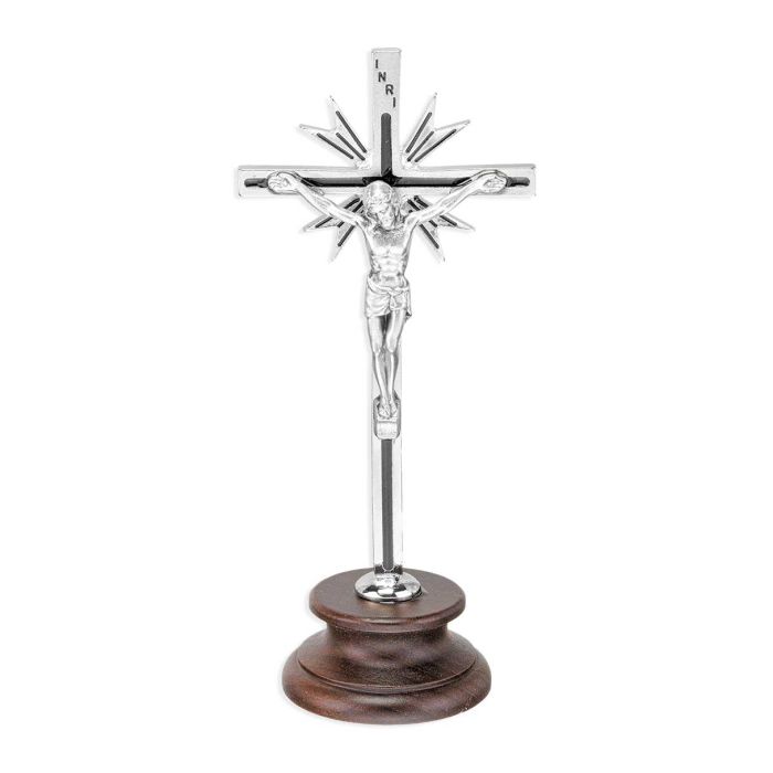 Standing Metal Crucifix with Sunburst on Wood Base