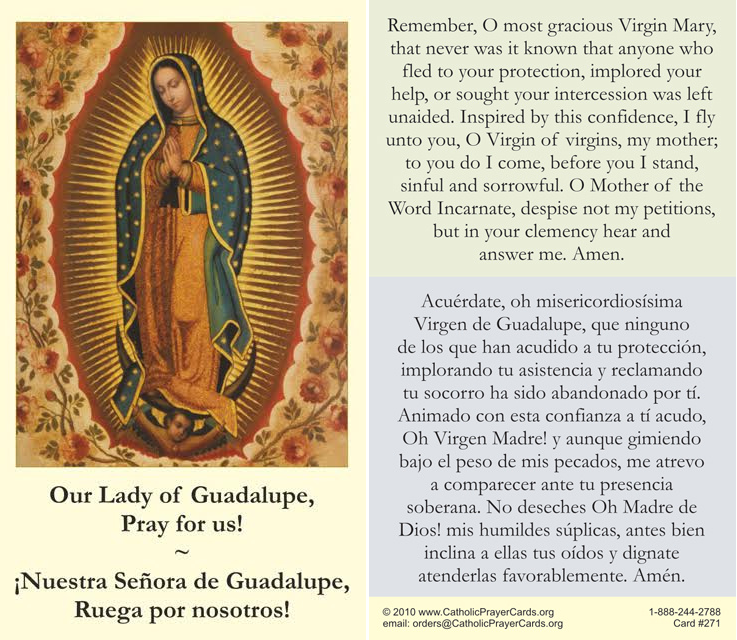 BILINGUAL - Our Lady of Guadalupe Memorare Prayer Card (English/Spanish)