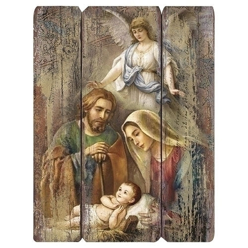 Holy Family with Angel Nativity Wood Panel Plaque