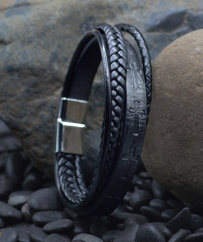 Black Men's Leather Stamped Cross - Eden Merry Bracelet