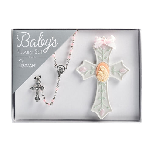 Crib Cross with Pink Rosary Set