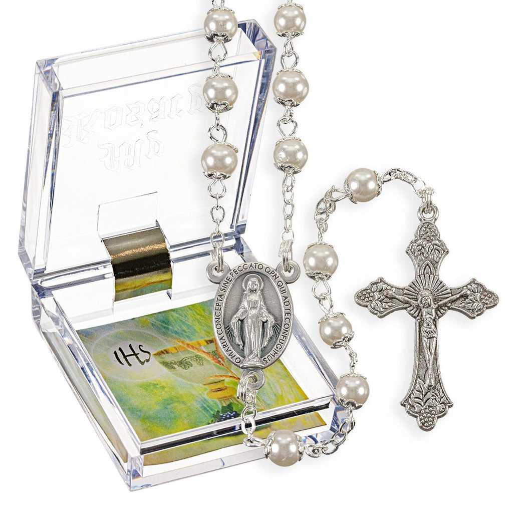 White Faux Pearl Bead Rosary, Boxed