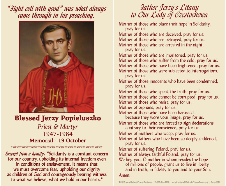 Blessed Jerzy Popieluszko Prayer Card/Litany to Our Lady of Czestochowa