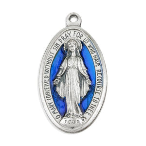 Miraculous Medal in Antiqued Silver Finish with Blue Epoxy