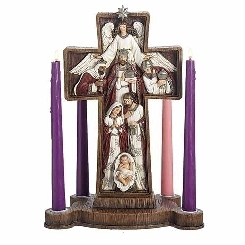 CROSS ADVENT CANDLE HOLDER IN BURGUNDY AND SILVER