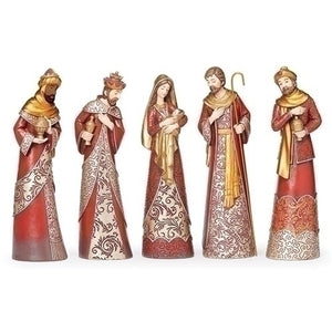 5 piece Nativity Set with Gold Pattern over Red