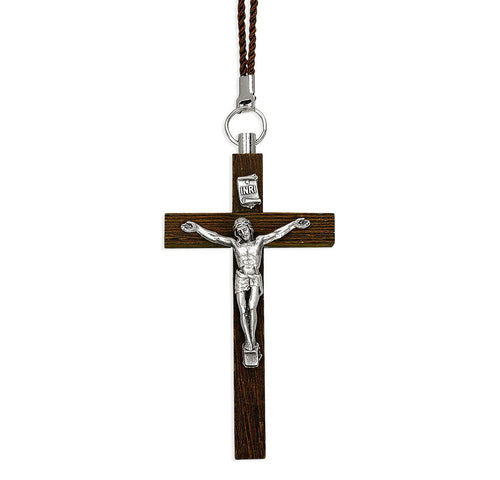 Italian Brown Wood Crucifix with Silver Oxidized Corpus