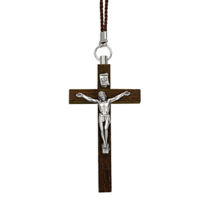Italian Brown Wood Crucifix with Silver Oxidized Corpus