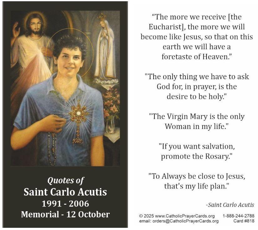 Quotes of Saint Carlo Acutis Prayer Card
