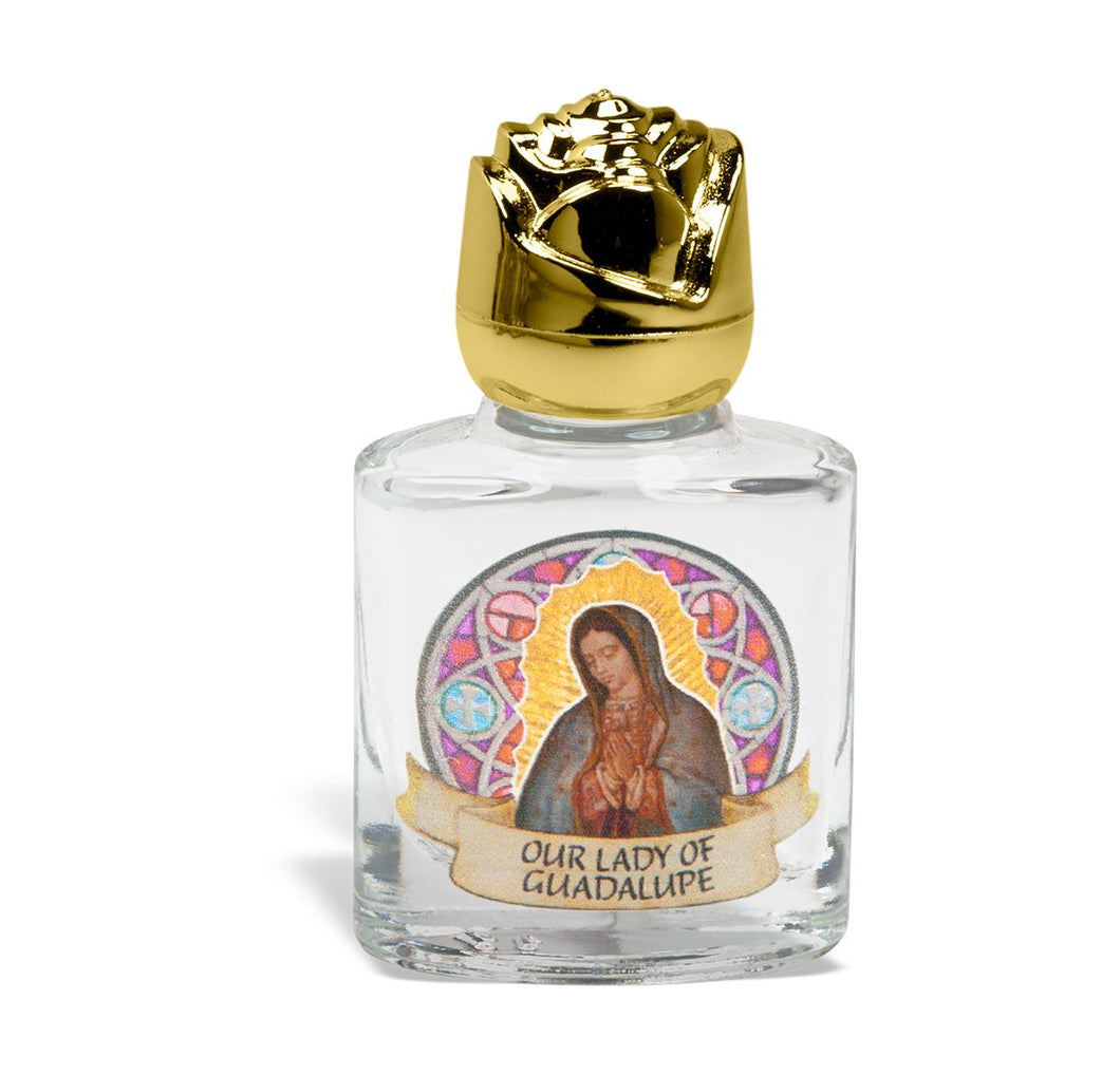 Glass Our Lady of Guadalupe Holy Water Bottle with Gold Rose Cap