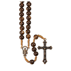 Marbleized Brown Wood Bead Rosary with Crucifix