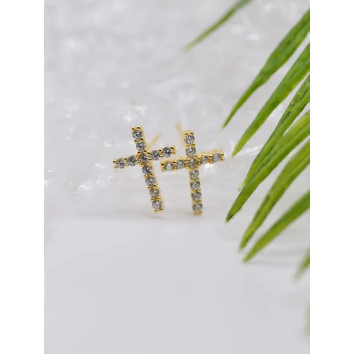 Cross Gold Cubic Zirconia Stud Earrings