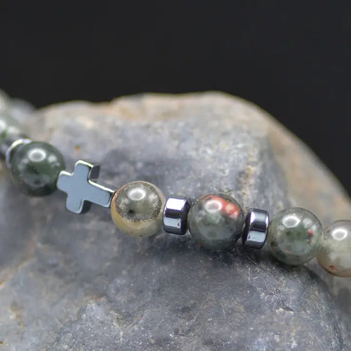 Cross Bloodstone Beaded Bracelet with Prayer Card