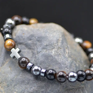 Cross Tiger Eye Beaded Bracelet with Prayer Card