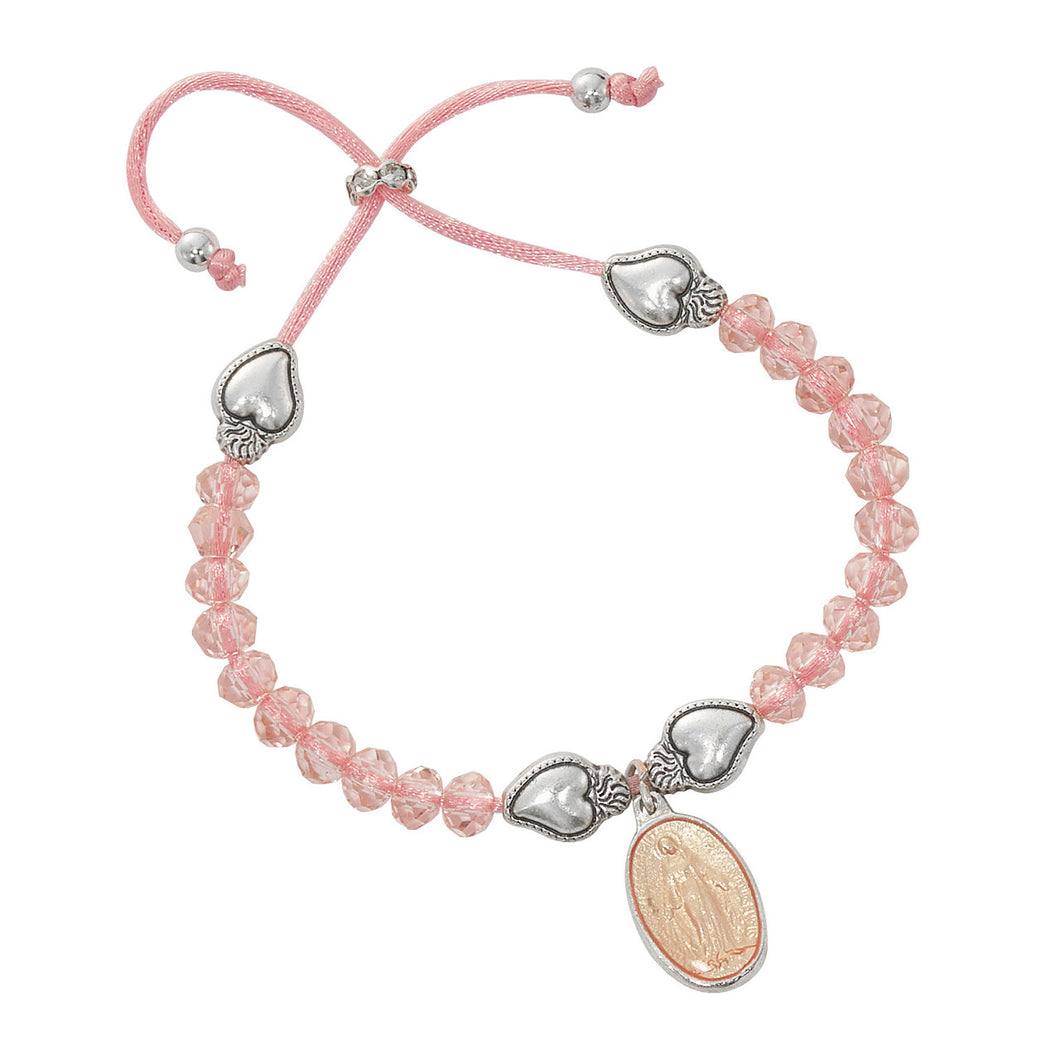 Pink Crystal Miraculous Medal Bracelet with Heart