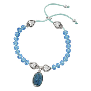 Blue Crystal Miraculous Medal Bracelet with Hearts