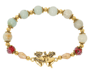 Gold-tone Amazonite Stretch Bracelet with Two Hearts