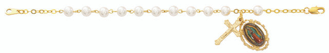 GOLD PLATED/PEARL OUR LADY GUADALUPE ROSARY BRACELET