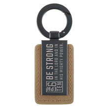 Be Strong Tan Faux Leather and Gunmetal Gray Keychain - Ephesians 6:10