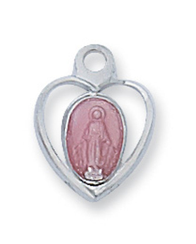 STERLING SILVER MIRACULOUS MEDAL/OPEN HEART WITH PINK ENAMEL