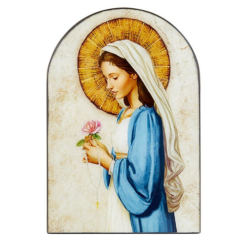 Arched Wood Plaque - Madonna of The Rose