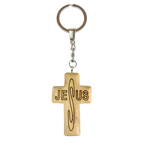 Jesus Cross Olive Wood Keychain