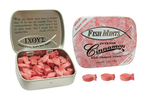 Sugar Free Fish Shaped Cinnamon Flavored Mints in a Pocket Sized Tin