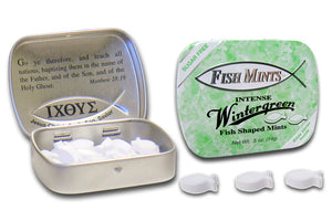 Sugar Free Fish Shaped Wintergreen Flavored Mints in a Pocket Sized Tin