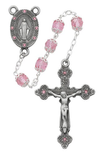 Pink Glass Rosary with Pewter Crucifix and Center