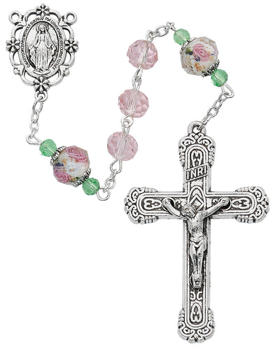 Pink Crystal Bead w/ Flower Our Father Beads Rosary