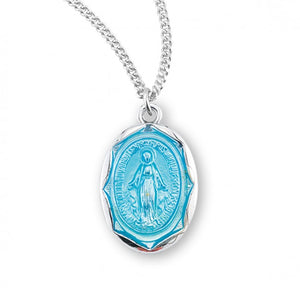 Sterling Silver Oval Blue Enameled Miraculous Medal