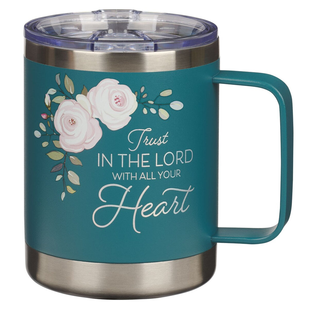 Trust in the Lord Teal Floral Camp-Style Stainless Steel Travel Mug - Proverbs 3:5