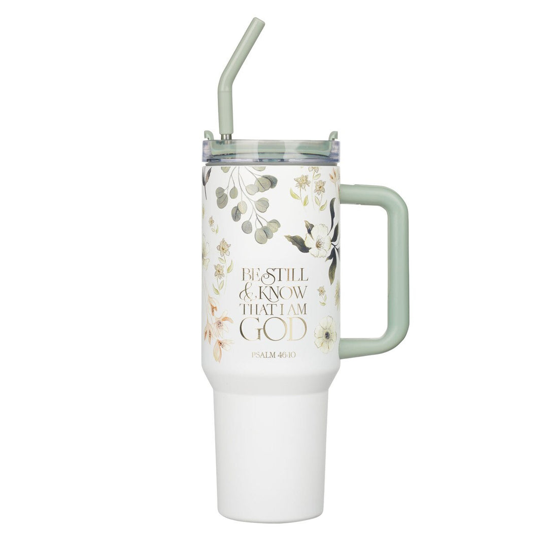 Teal Meadow 40 Oz Tumbler with Reusable Straw - Psalm 46:10 