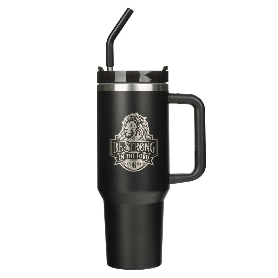 Black 40 Oz Tumbler with Reusable Straw - Ephesians 6:10 