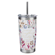 White Floral Everything Beautiful Stainless Steel Travel Mug with Reusable Stainless Steel Straw - Ecclesiastes 3:11