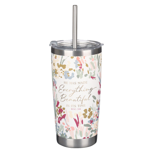 White Floral Everything Beautiful Stainless Steel Travel Mug